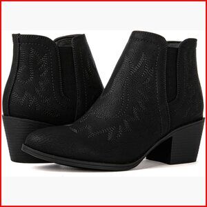 Women's Western Ankle Boots Pull On Low Heel Vegan Leather Cowgirl